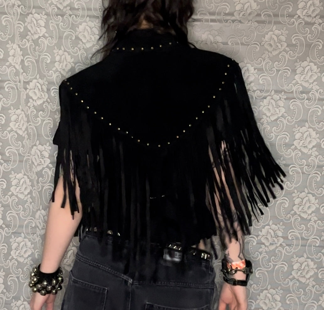 studded fringe suede shrug