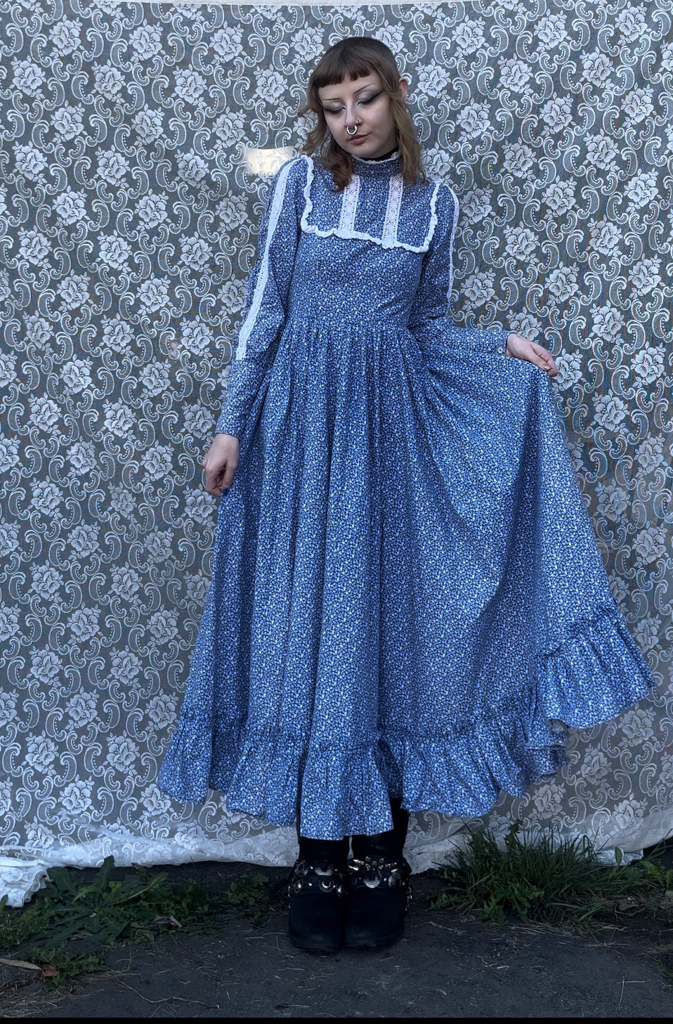 Vintage 70s Girls Blue Floral Print + Lace Cottagecore Prairie Dress popular 6 - 8