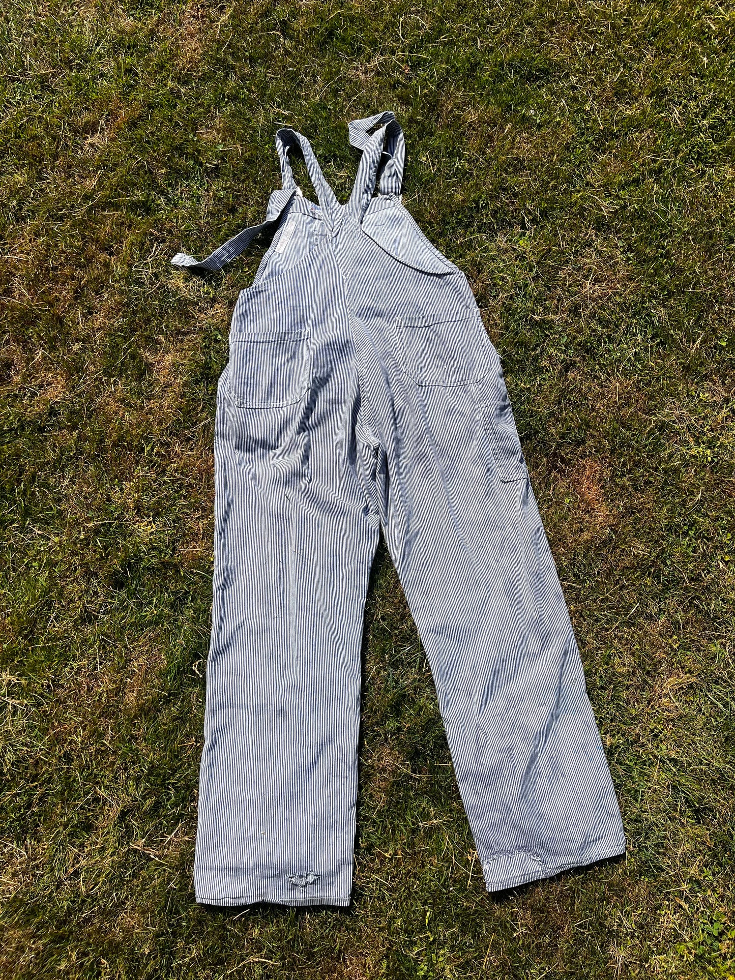 1950s hickory stripe distressed and mended overalls