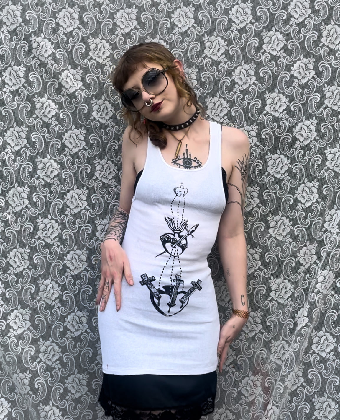 extra long screenprinted sacred heart white wife lover top