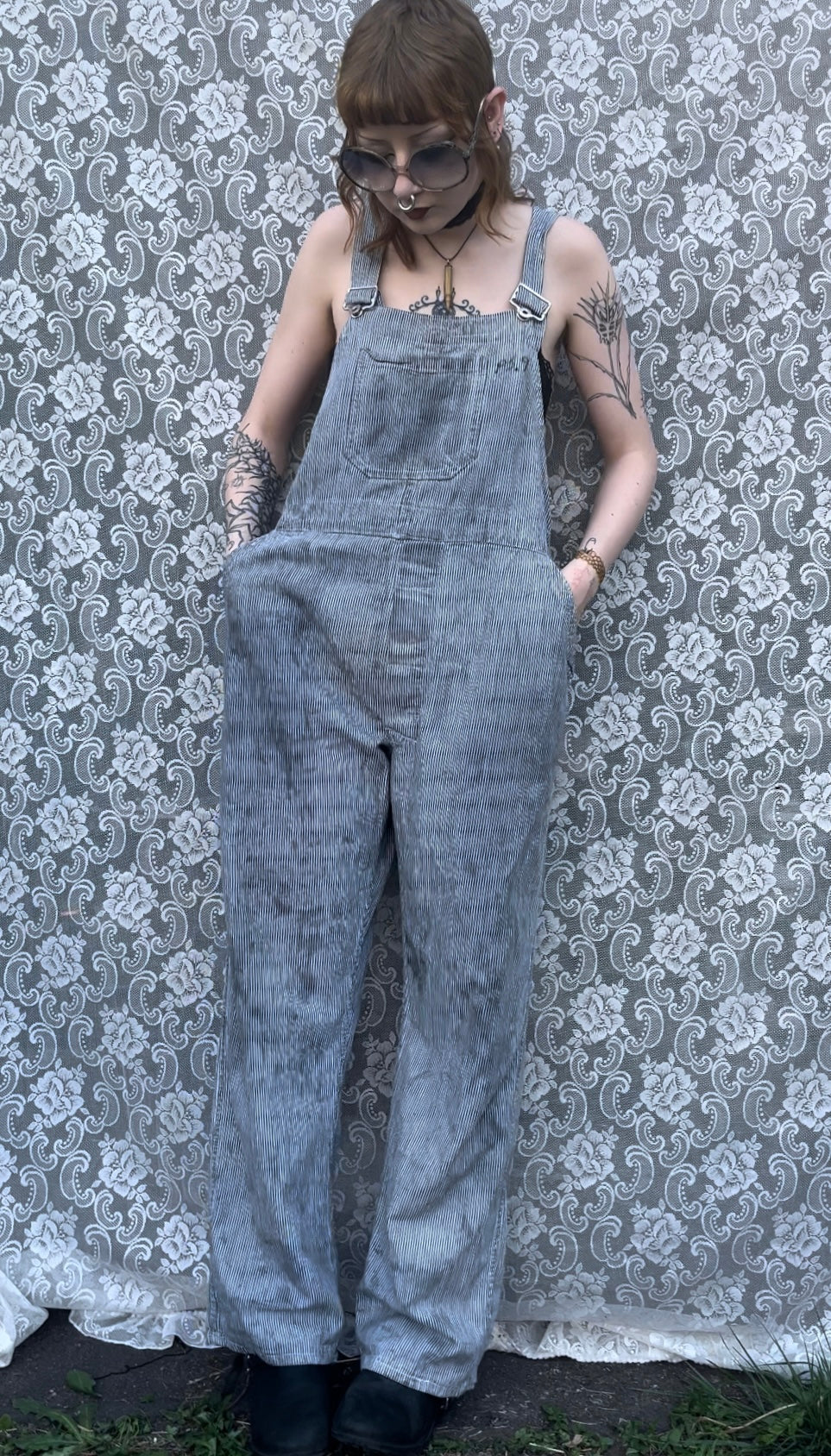 1950s hickory stripe distressed and mended overalls