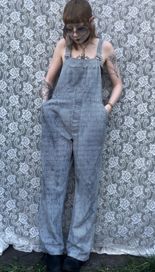 1950s hickory stripe distressed and mended overalls