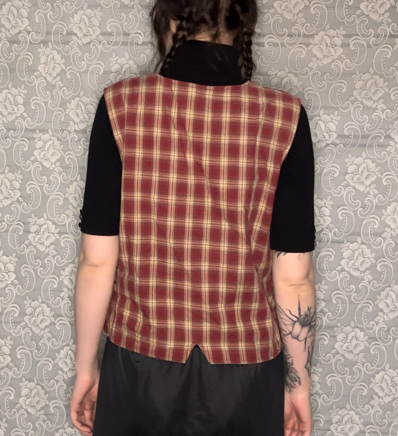 red and cream plaid vest