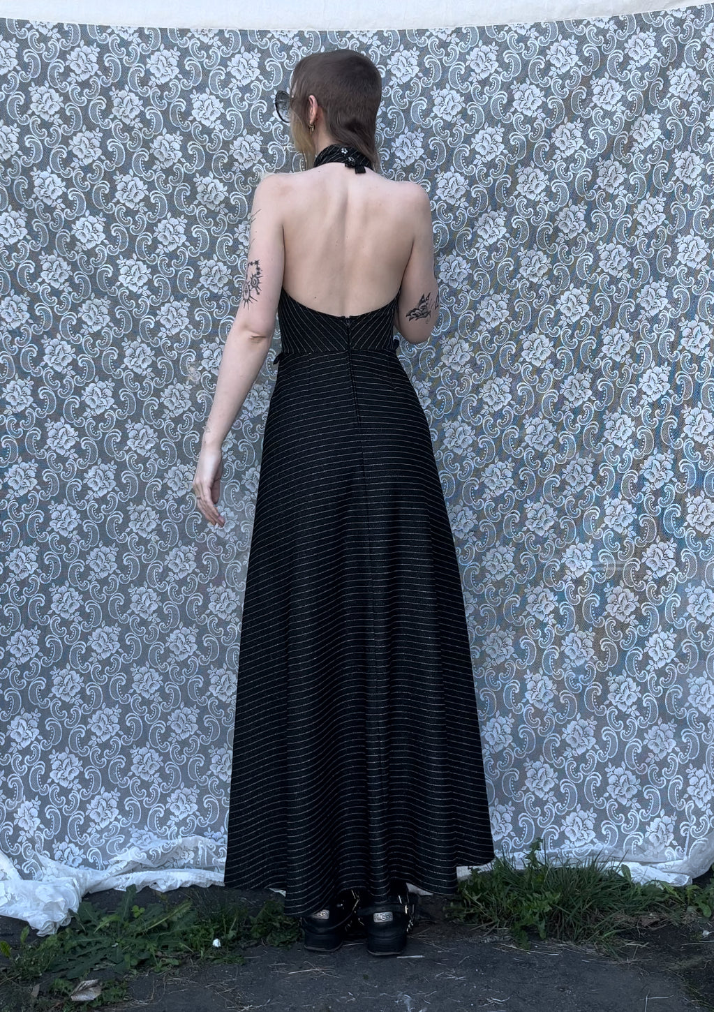 70s sparkly pinstripe black n silver halter neck maxi dress