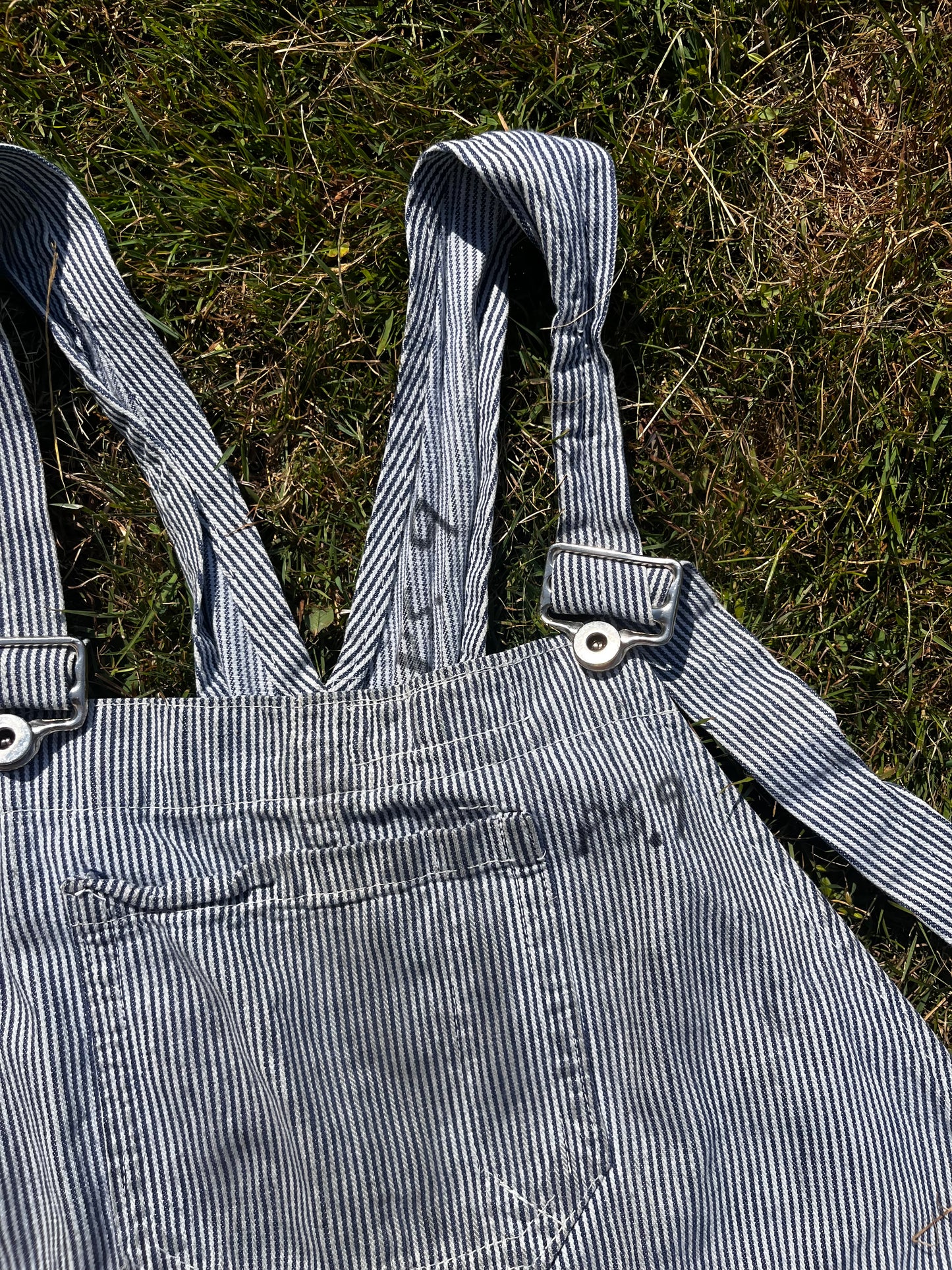 1950s hickory stripe distressed and mended overalls