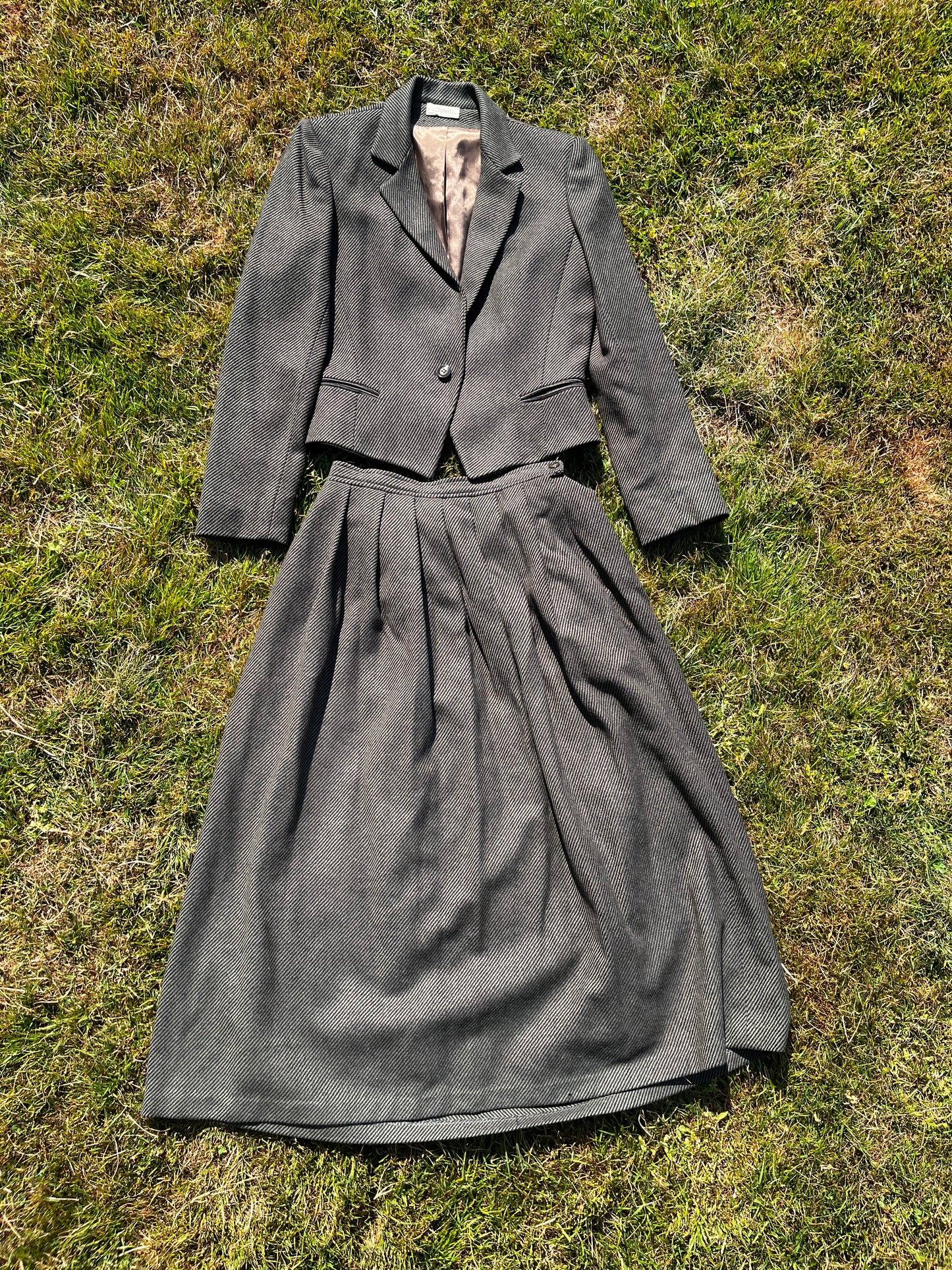 1960s wool green and black pinstripe 2 piece skirt and blazer set