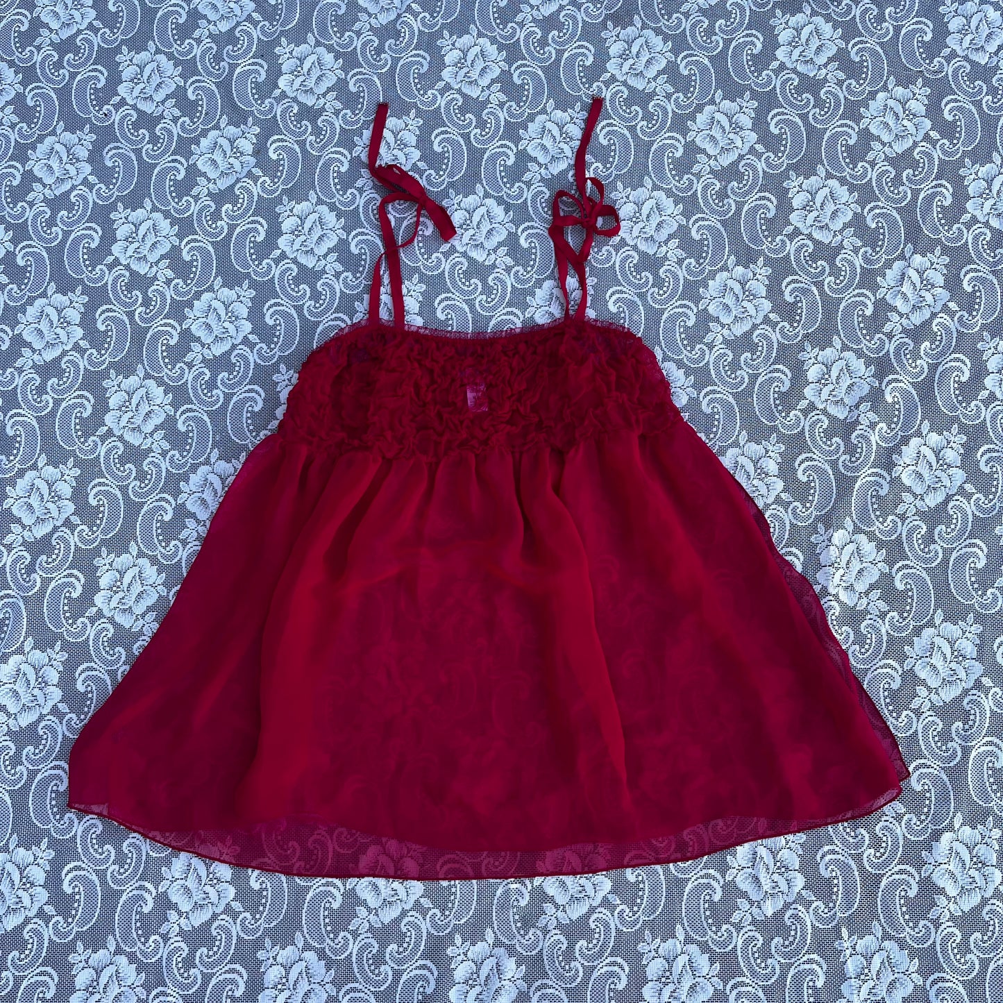 red ruched sheer babydoll slip dress