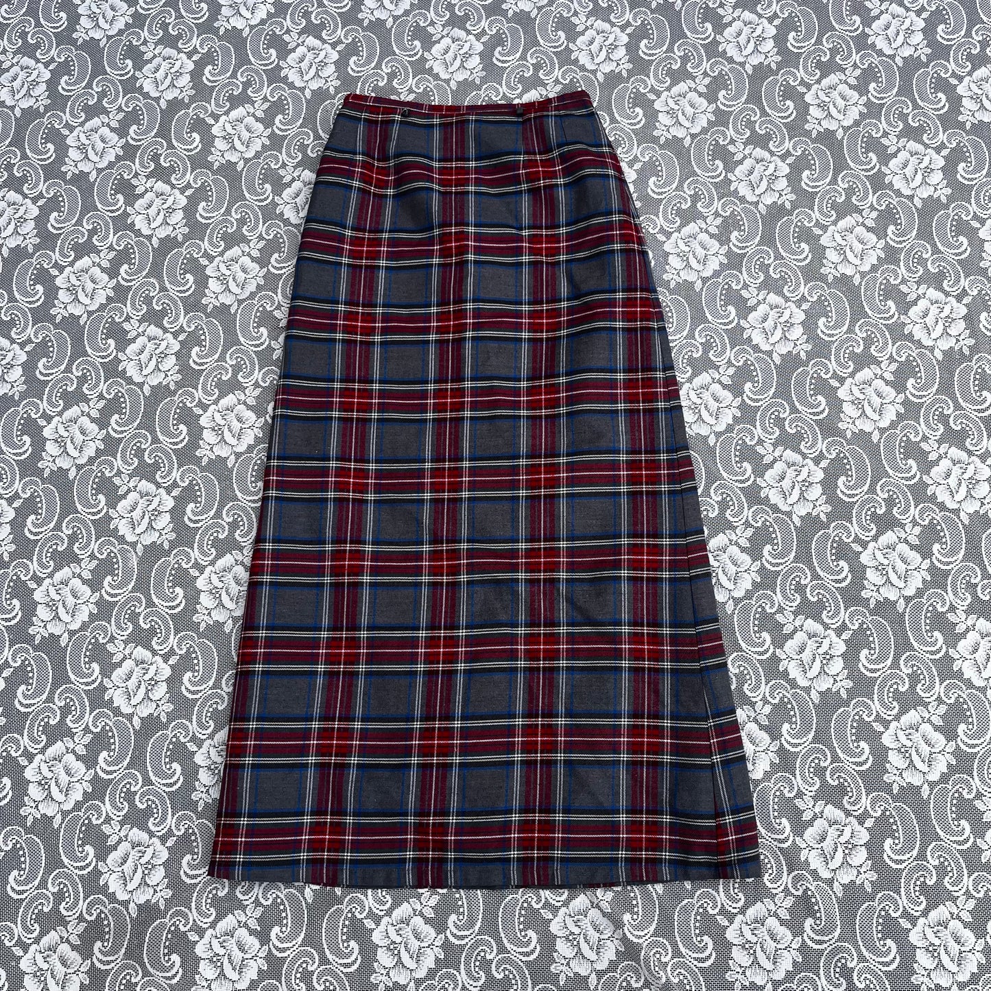 long grey n red plaid pencil skirt