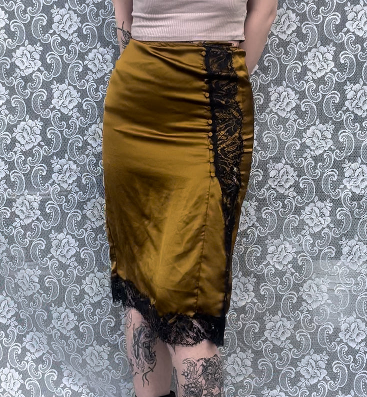 yellowy n black lace slip skirt