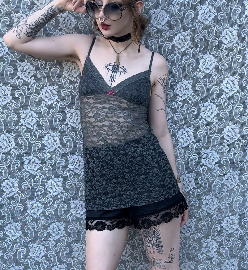 grey hand dyed stretchy sheer lace slip dress