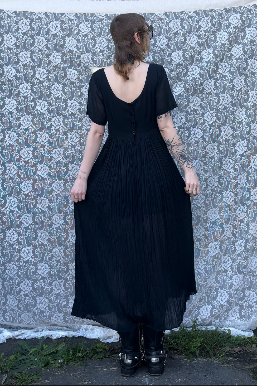 black embroidered crinkle skirt dress