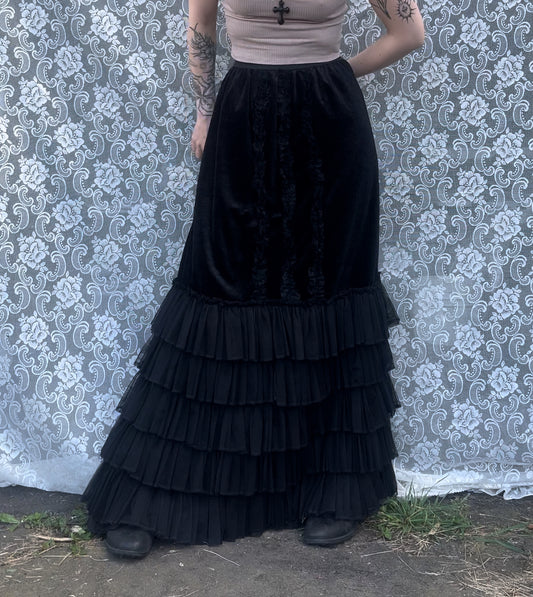 LONG ASF goth velvet n tulle frill maxi skirt