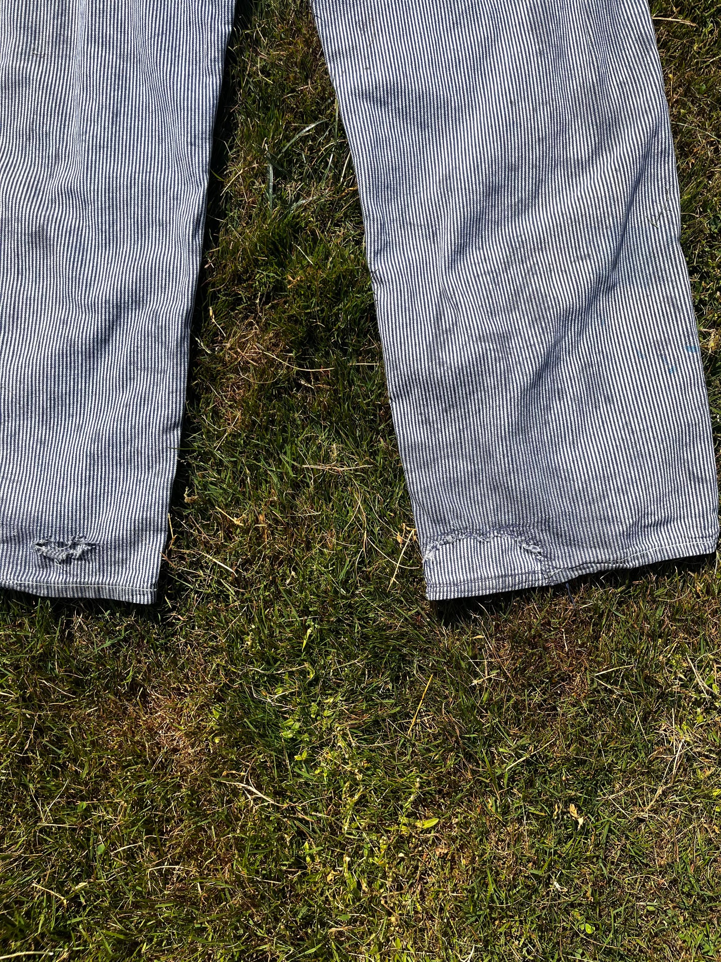 1950s hickory stripe distressed and mended overalls