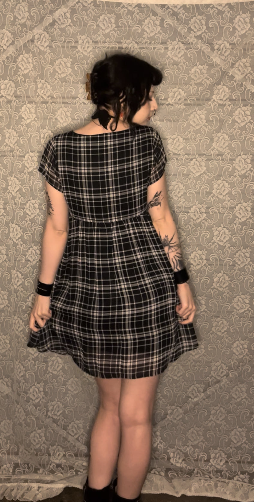 screenprinted spider plaid dress