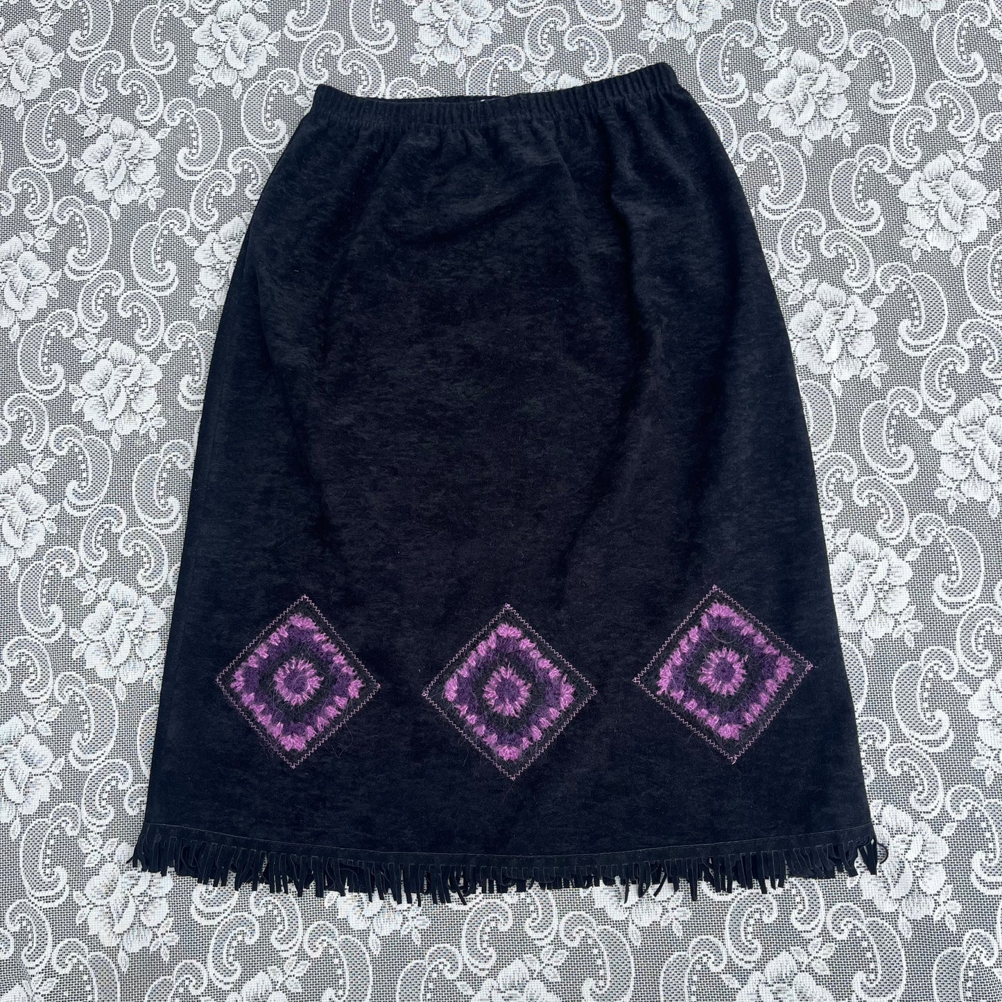 vintage fake suede granny square fringe skirt