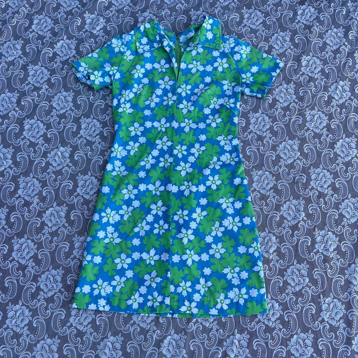 60s handmade blue n green hawaiian print collared dress