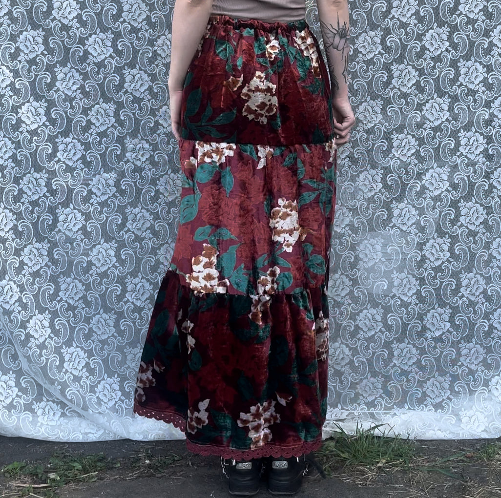 AS-IS red velvet floral tiered skirt