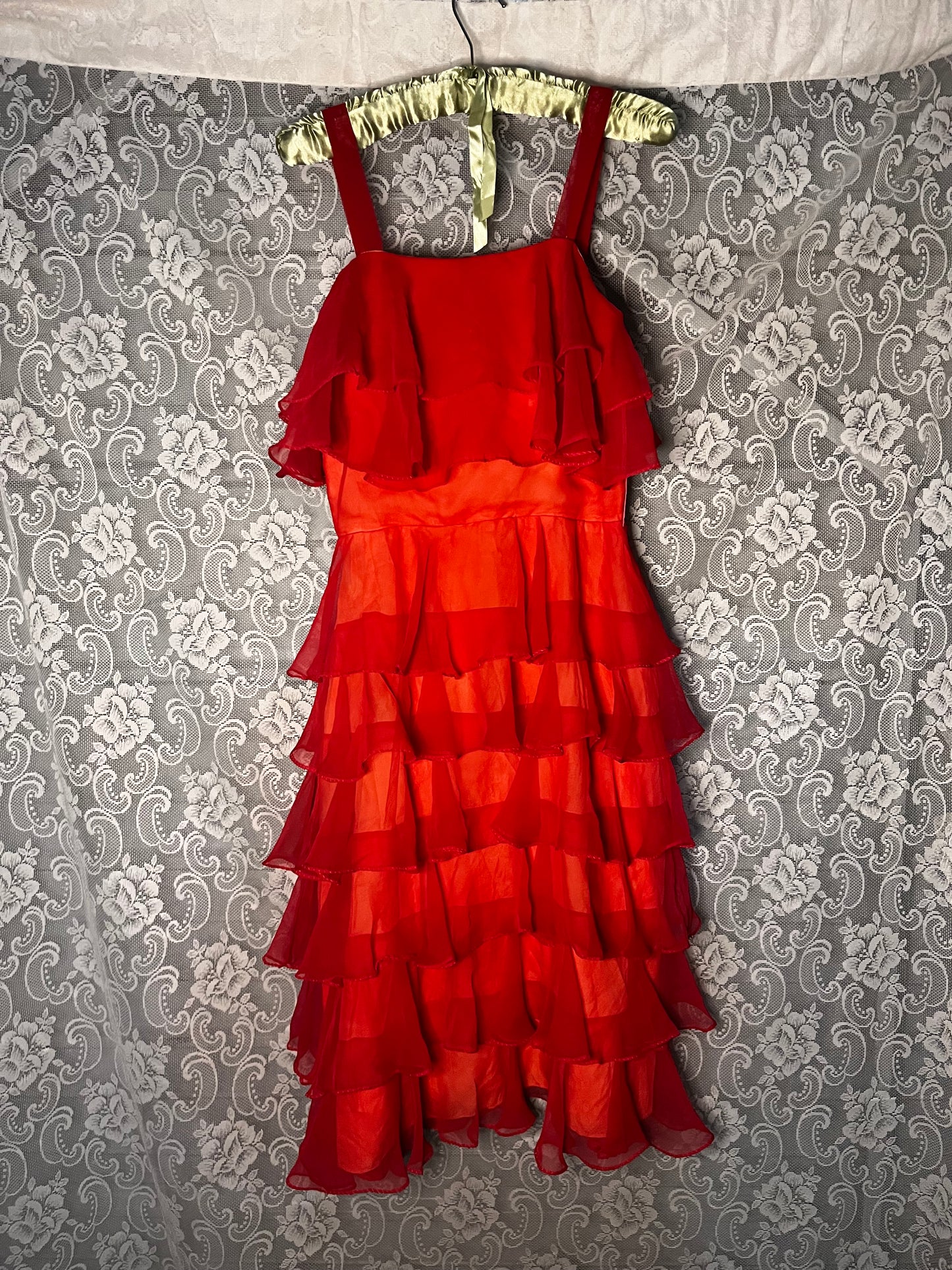 red ruffle cocktail dress