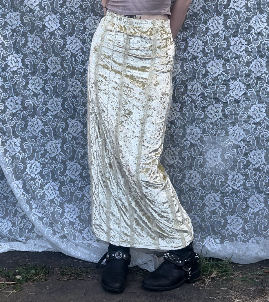 yellowish cream velvet n lace maxi skirt