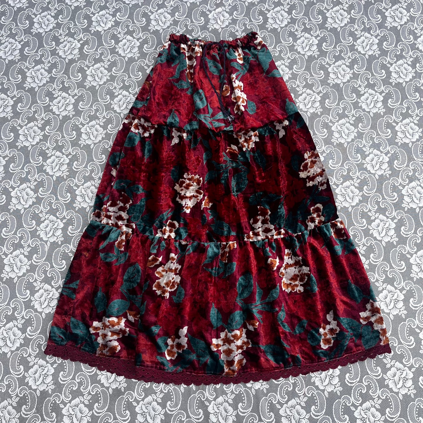 AS-IS red velvet floral tiered skirt