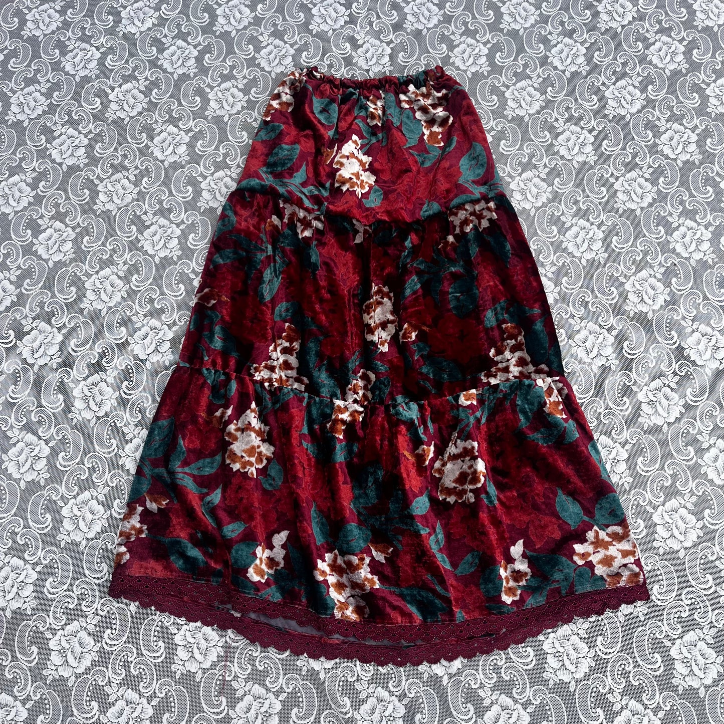 AS-IS red velvet floral tiered skirt