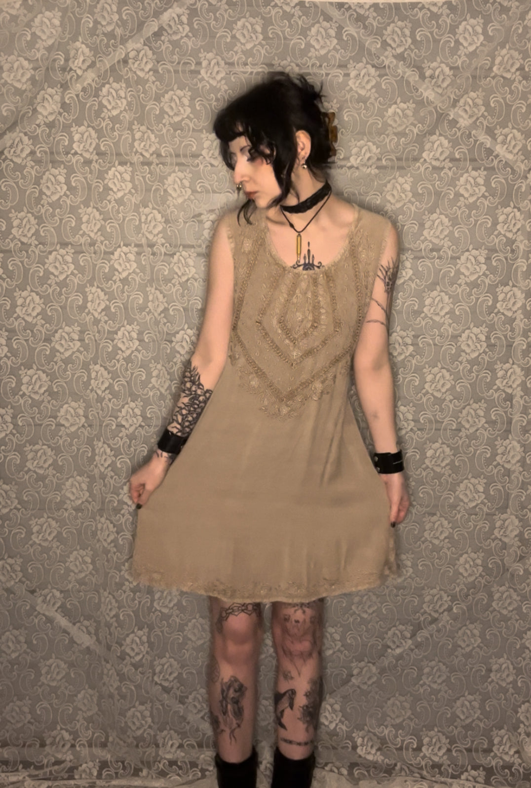 tan embroidered hippie dress