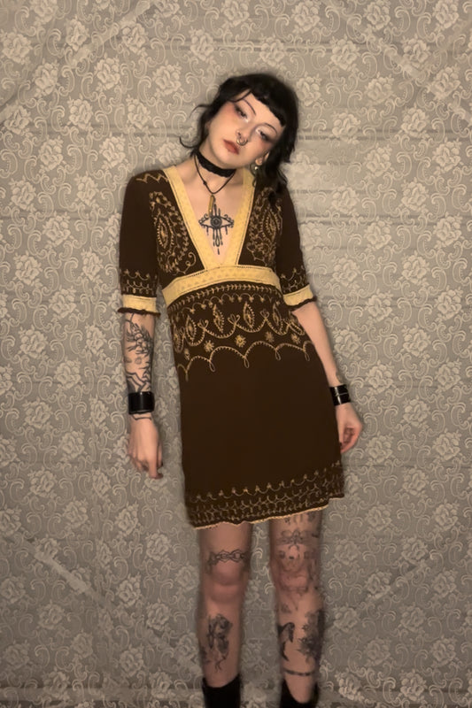 brown embroidered dress