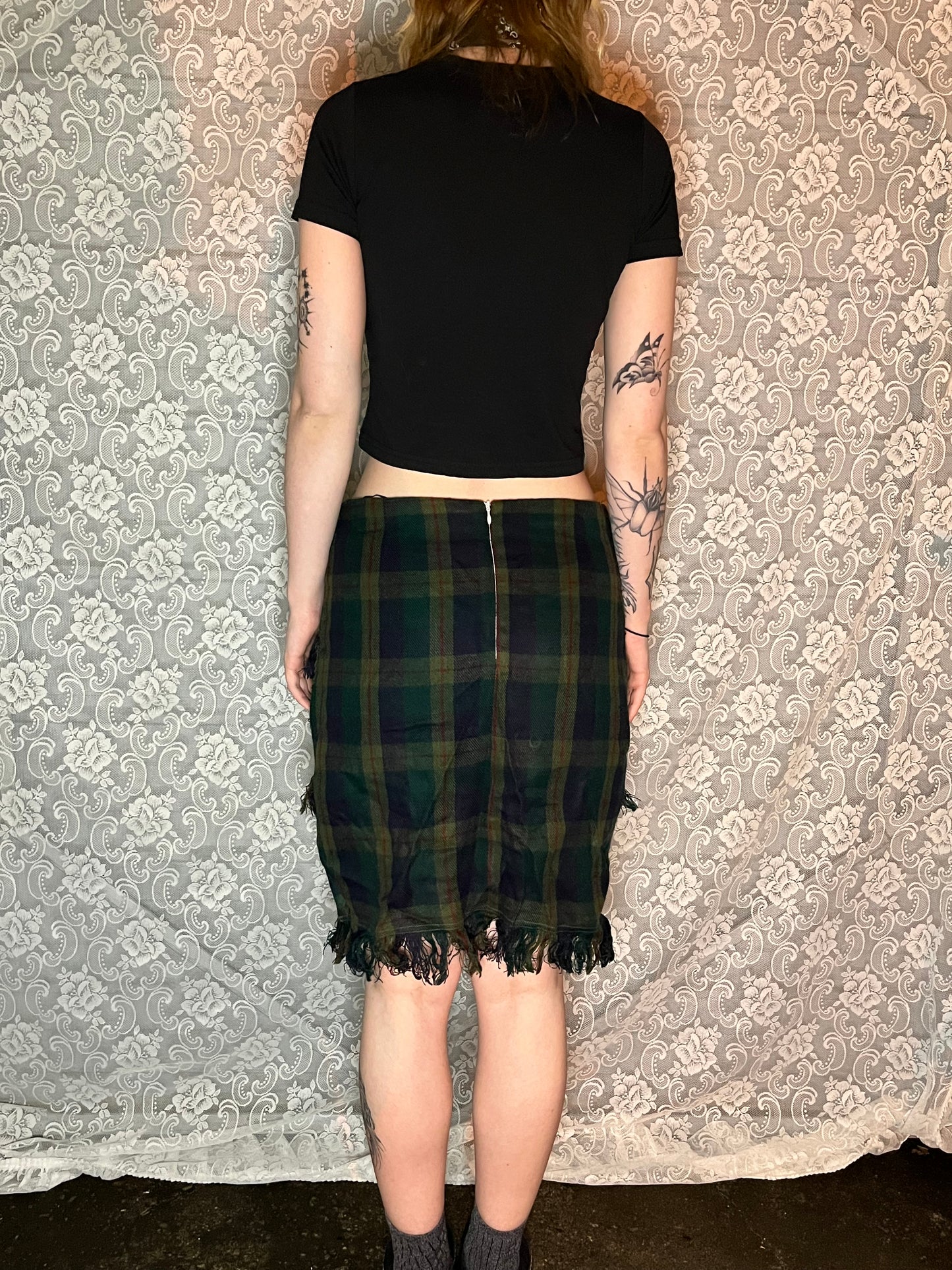 green plaid frayed layer skirt