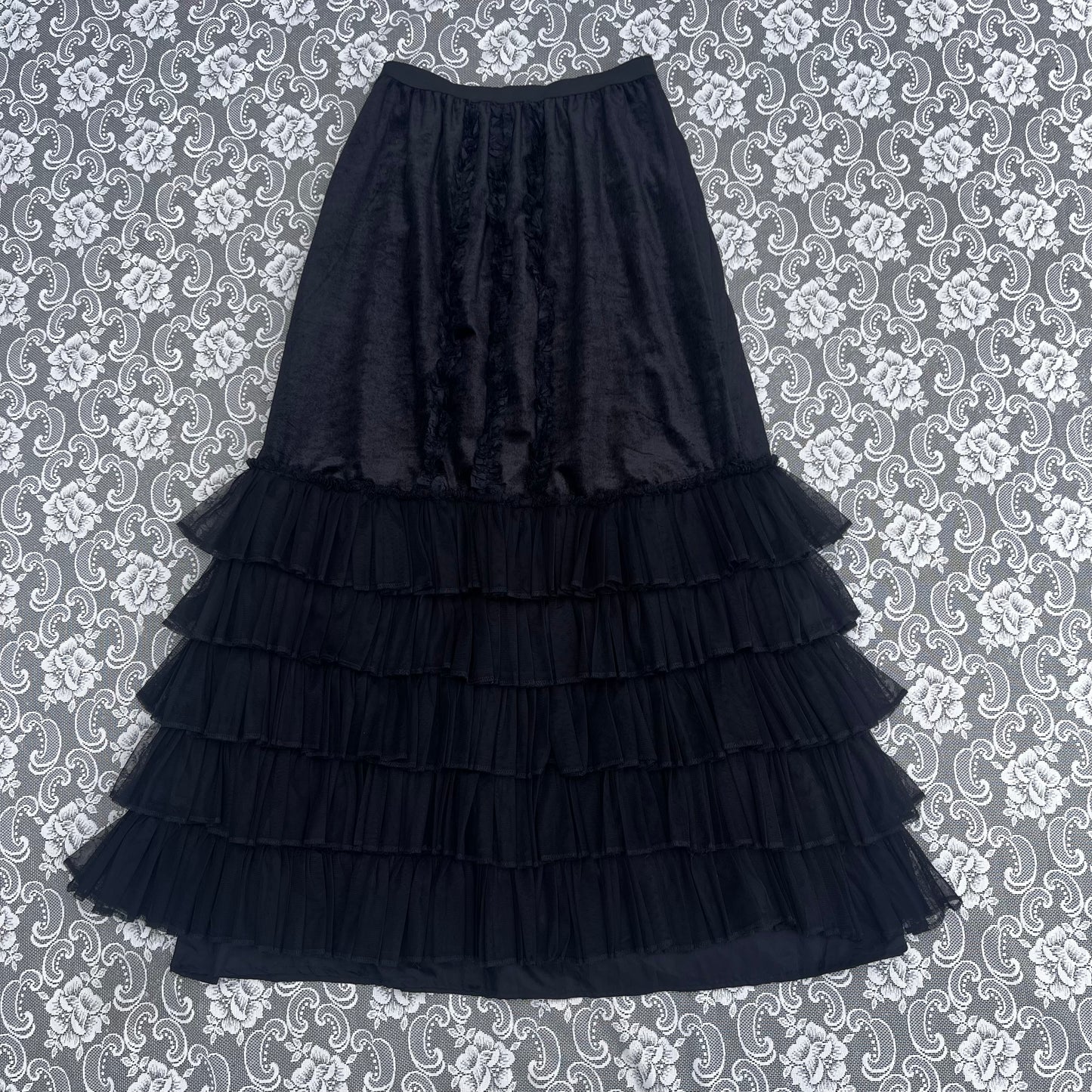 LONG ASF goth velvet n tulle frill maxi skirt