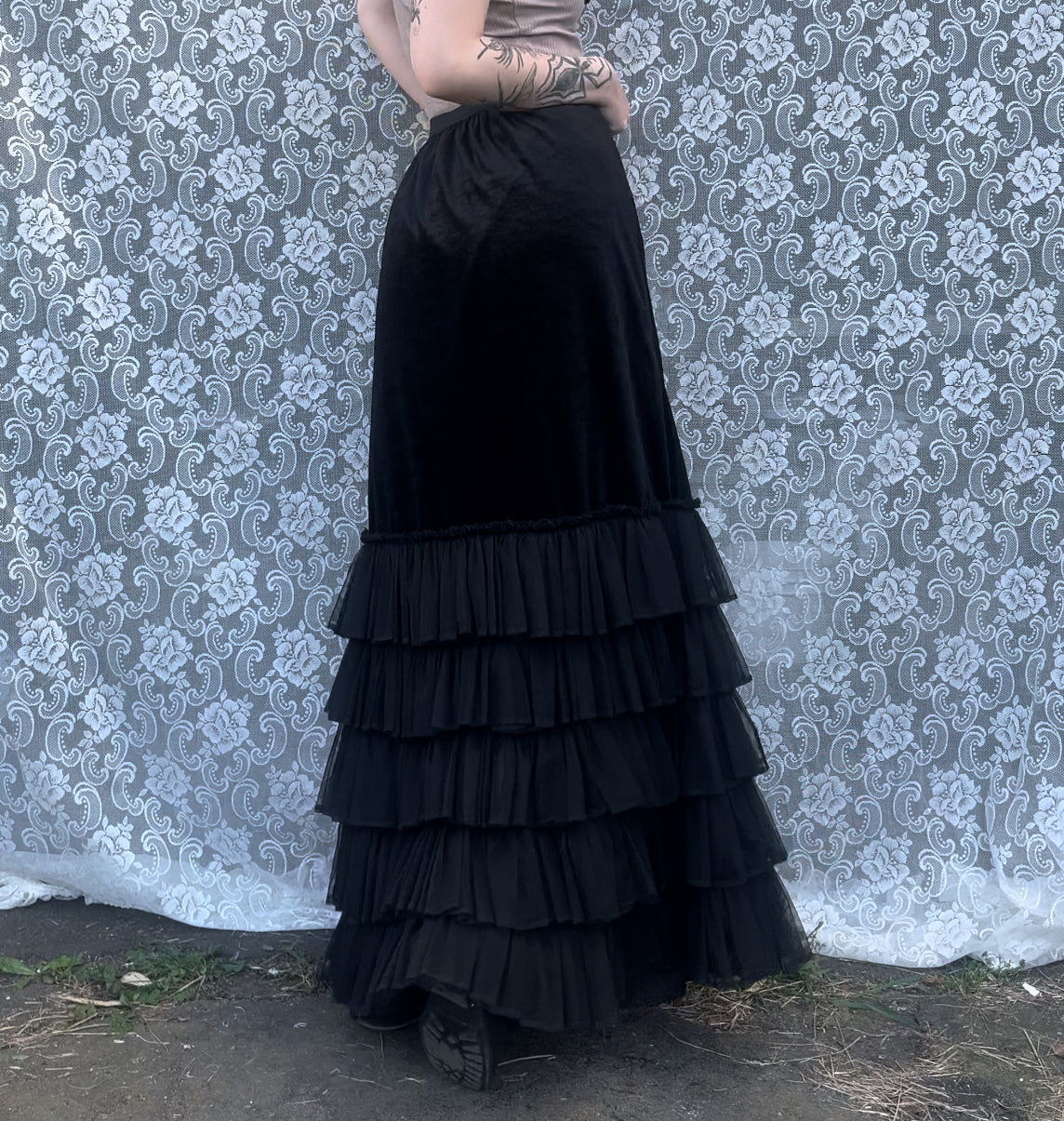 LONG ASF goth velvet n tulle frill maxi skirt