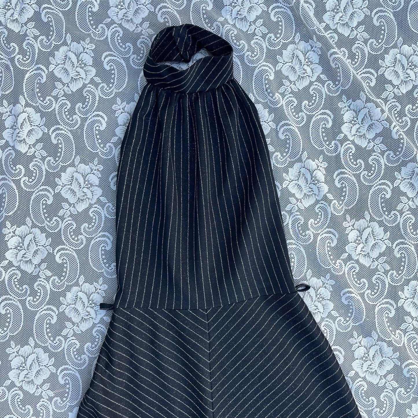 70s sparkly pinstripe black n silver halter neck maxi dress