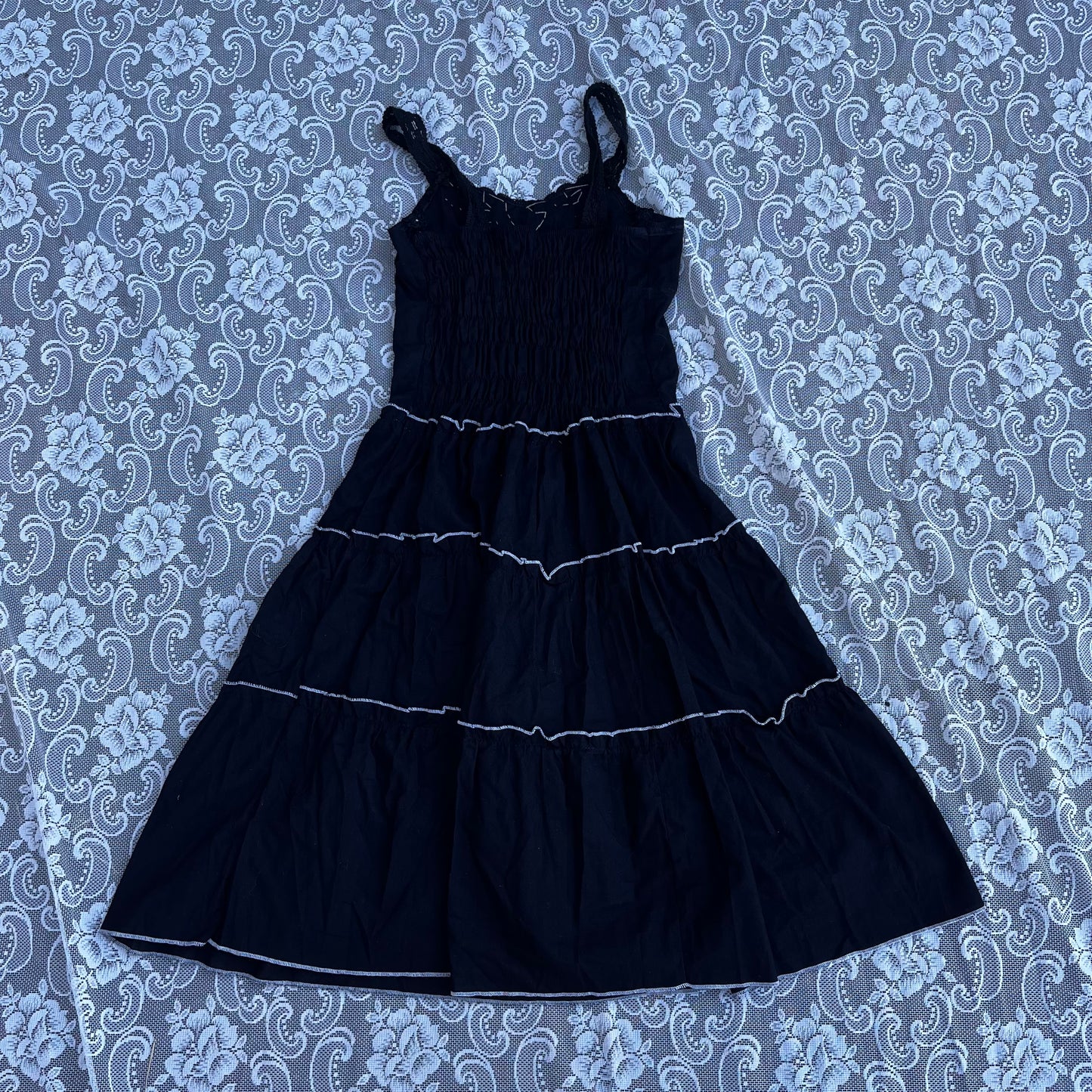 handmade bedazzled pearl black lace dress