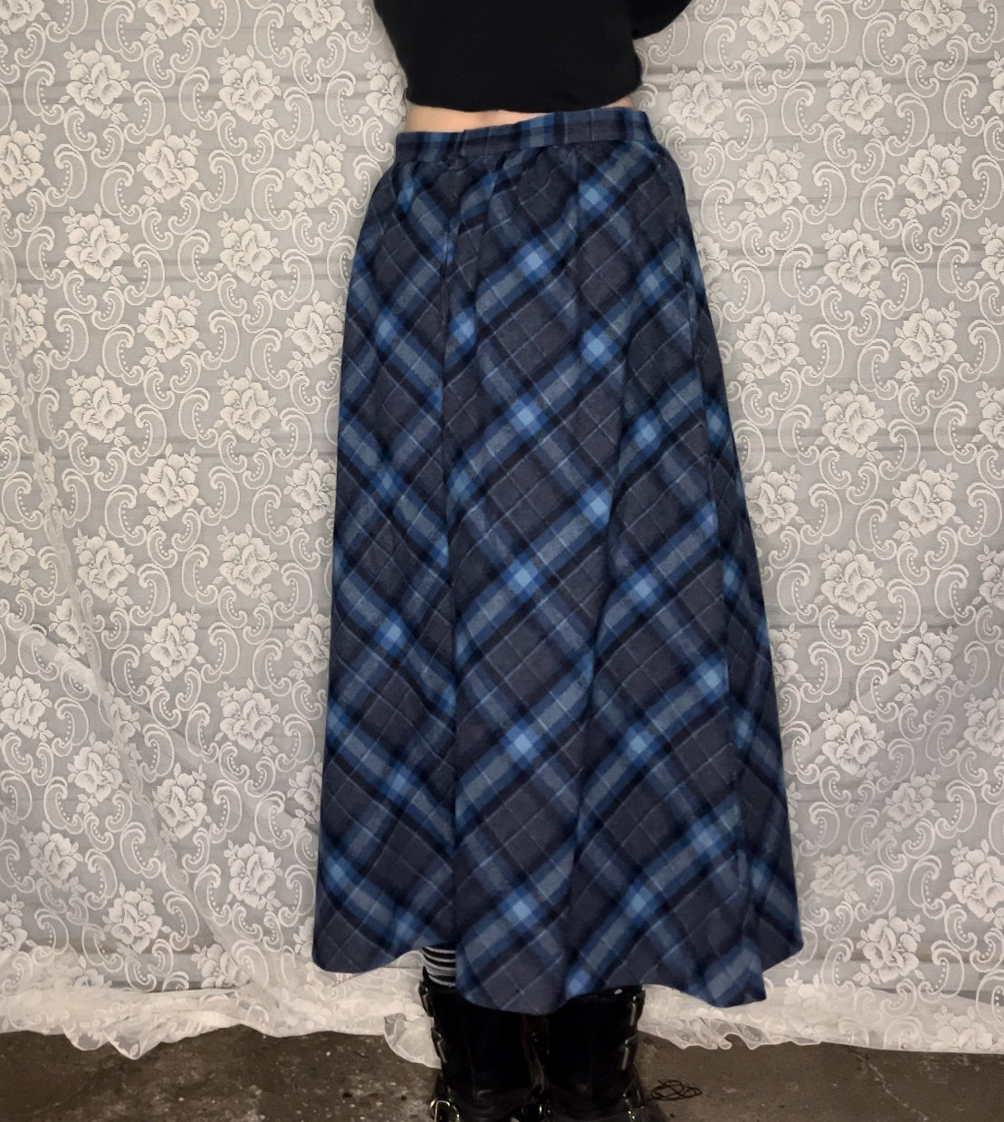 vintage blue wool plaid skirt