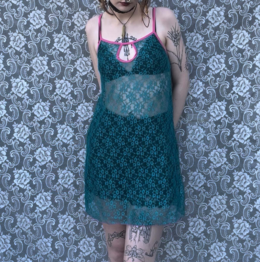 turquoise n pink sheer lace slip dress