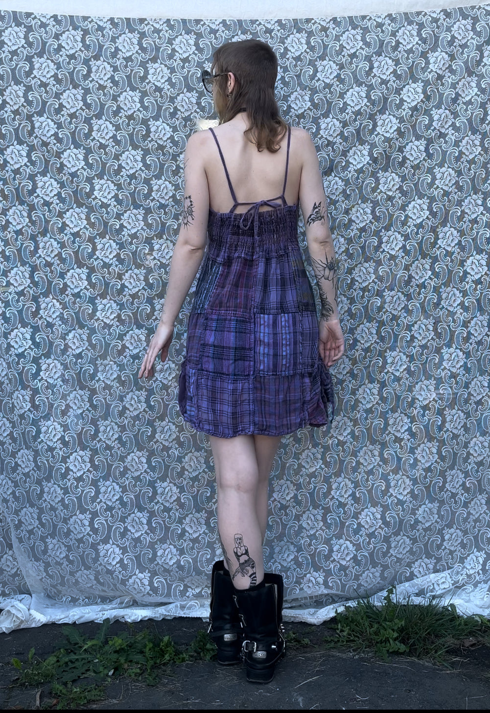 y2k purple plaid halter neck dress