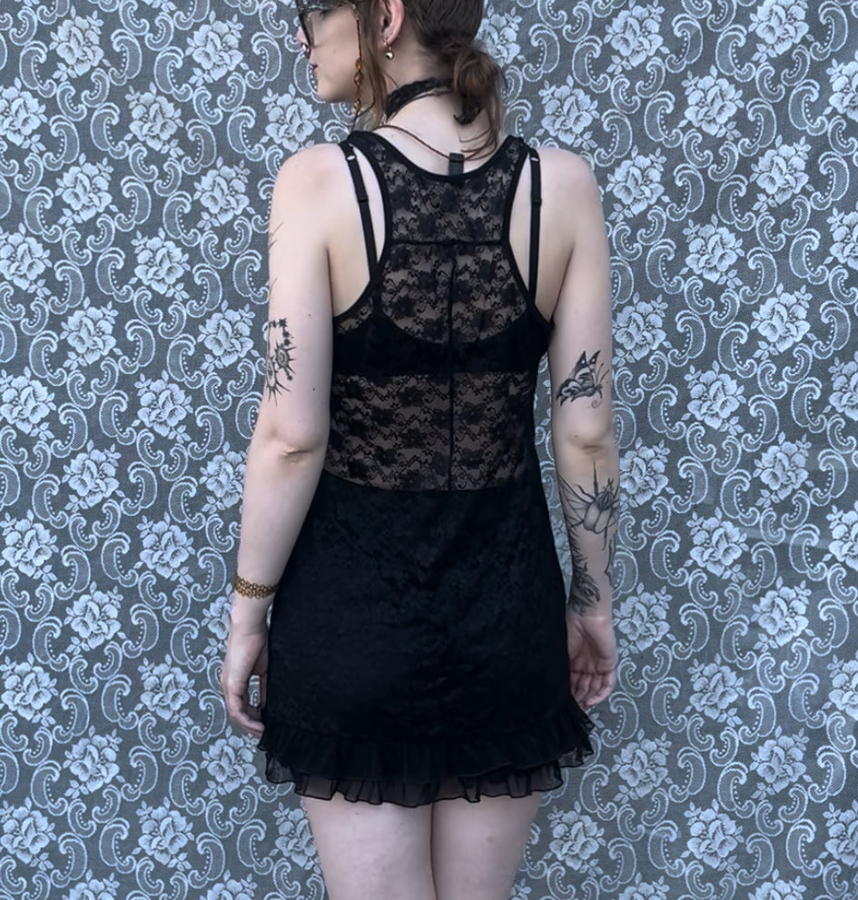 sheer black lace slip dress (L) (as-is)