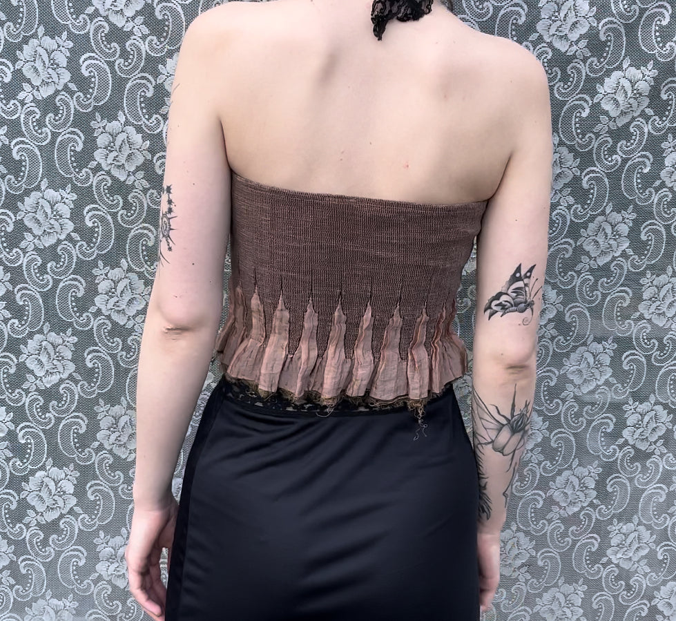 frayed pleated brown tube top