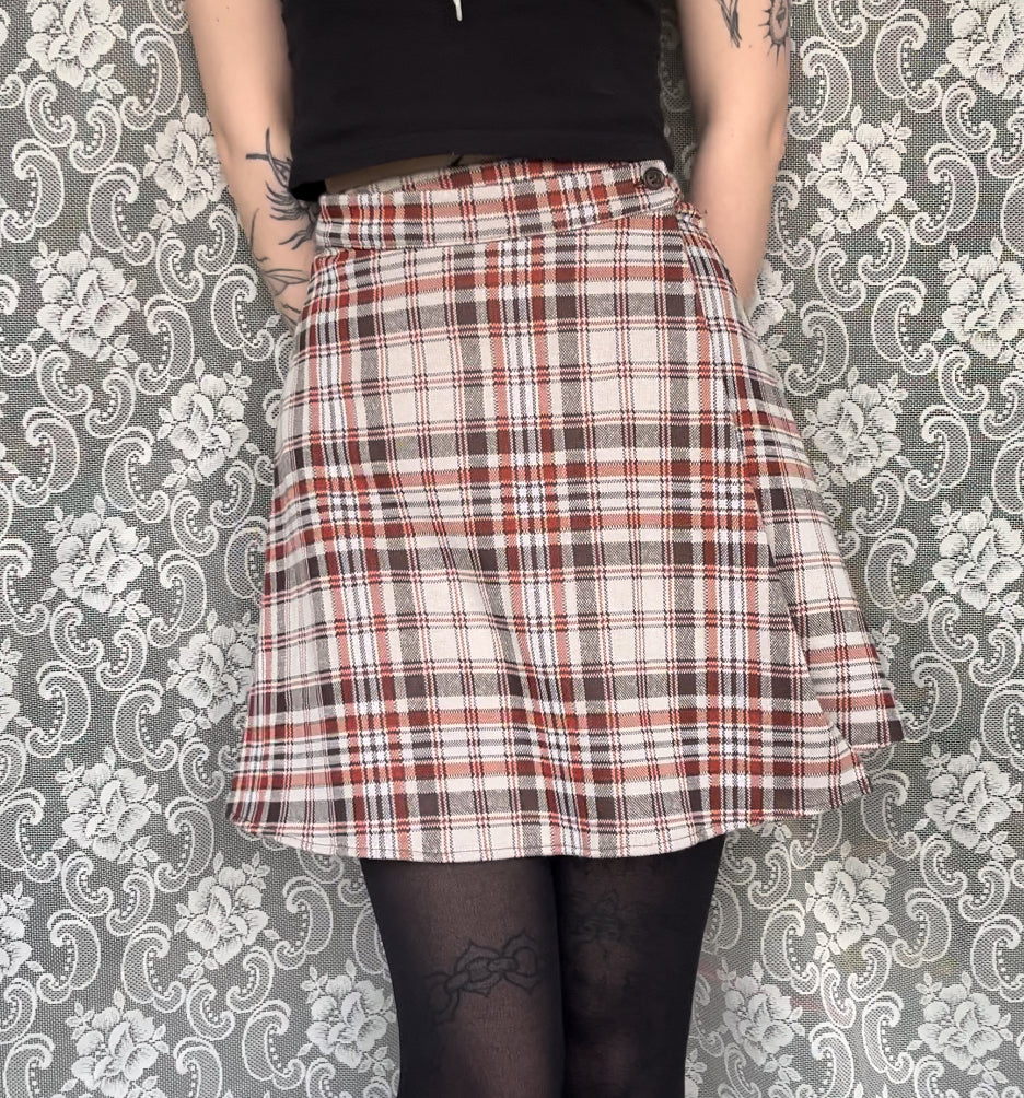 orange/brown/cream plaid mini wrap skirt