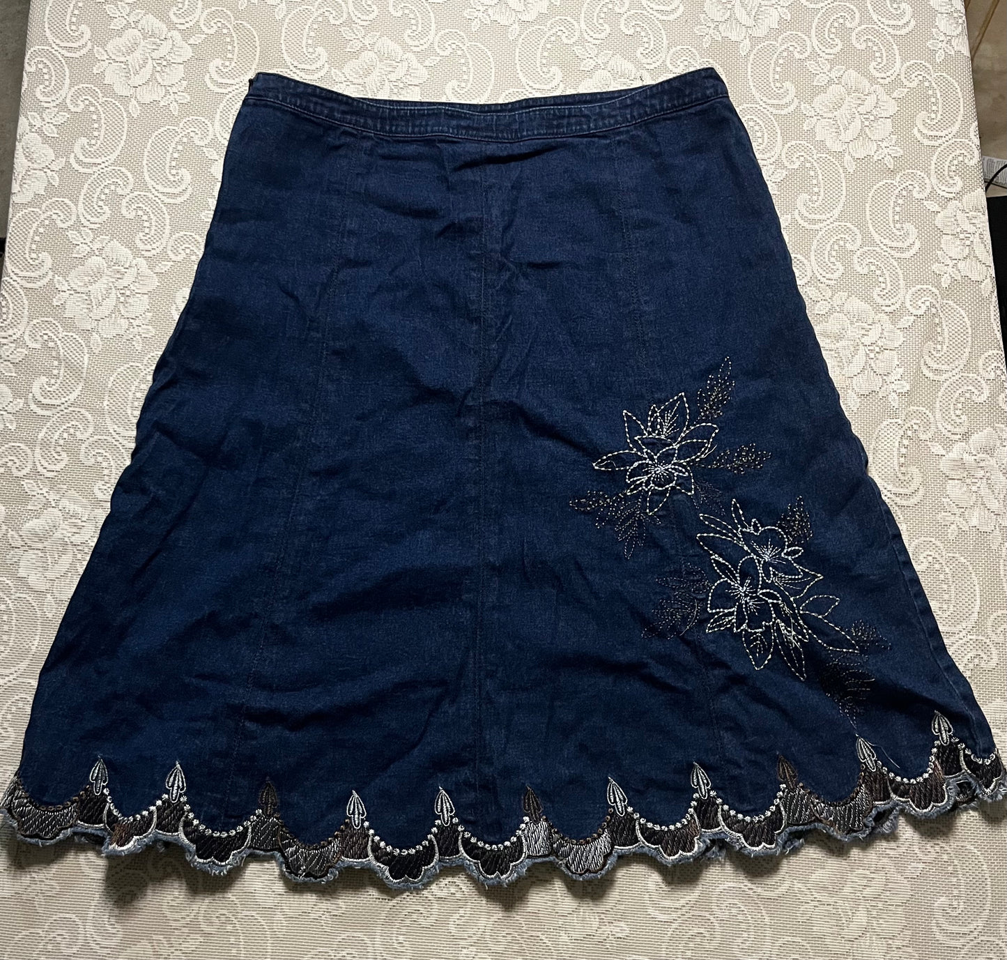 denim floral embroidered skirt