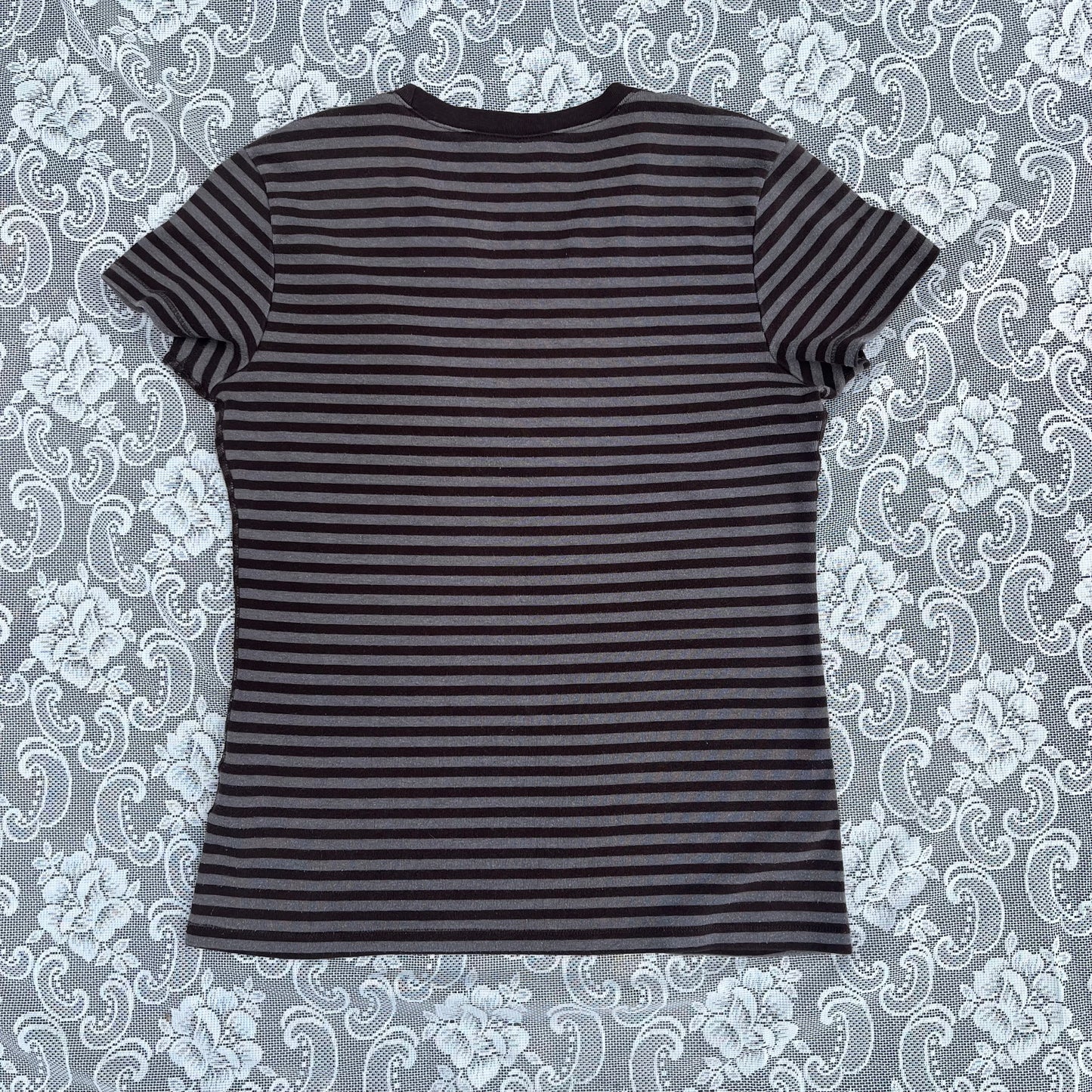 stripey greyish brown screenprinted tshirt