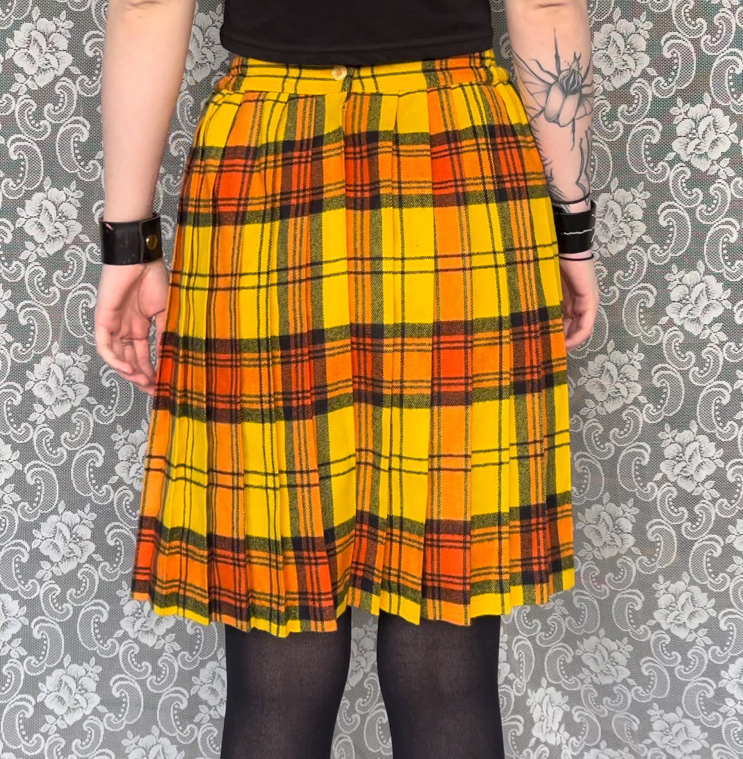 yellow and orange pleated wool plaid skirt