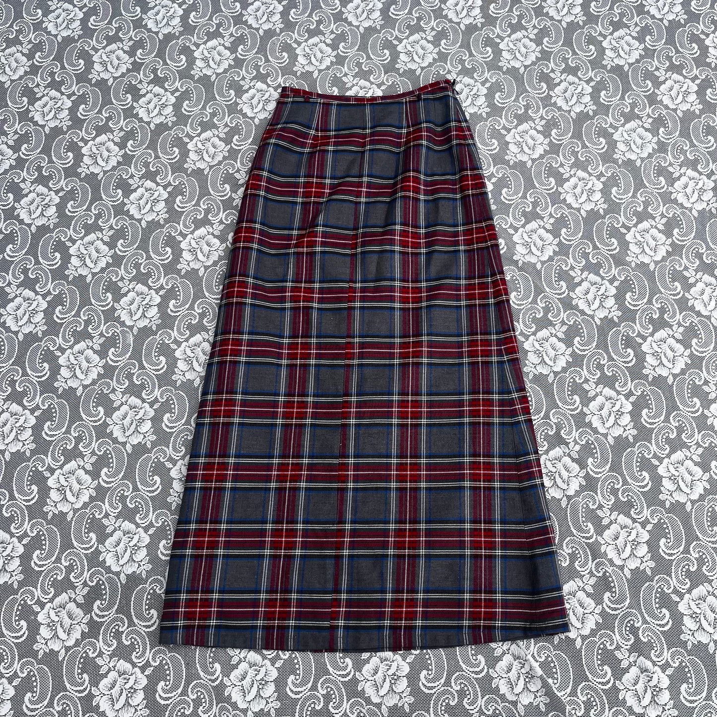 long grey n red plaid pencil skirt