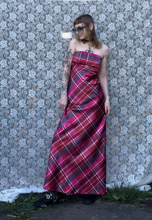 y2k hot pink plaid print strapless formal dress