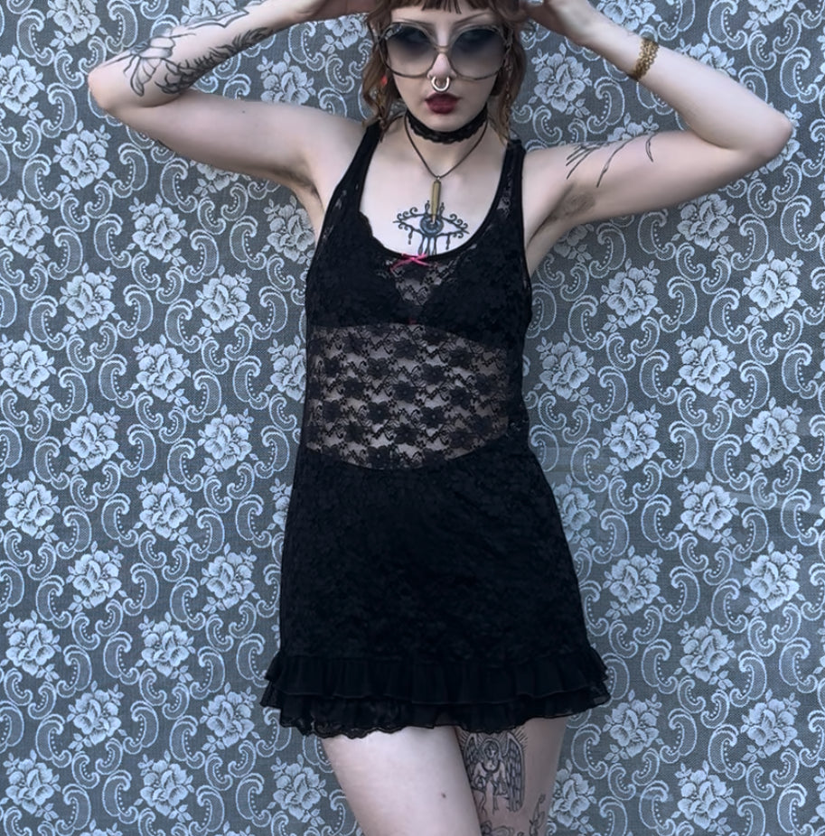 sheer black lace slip dress (L) (as-is)