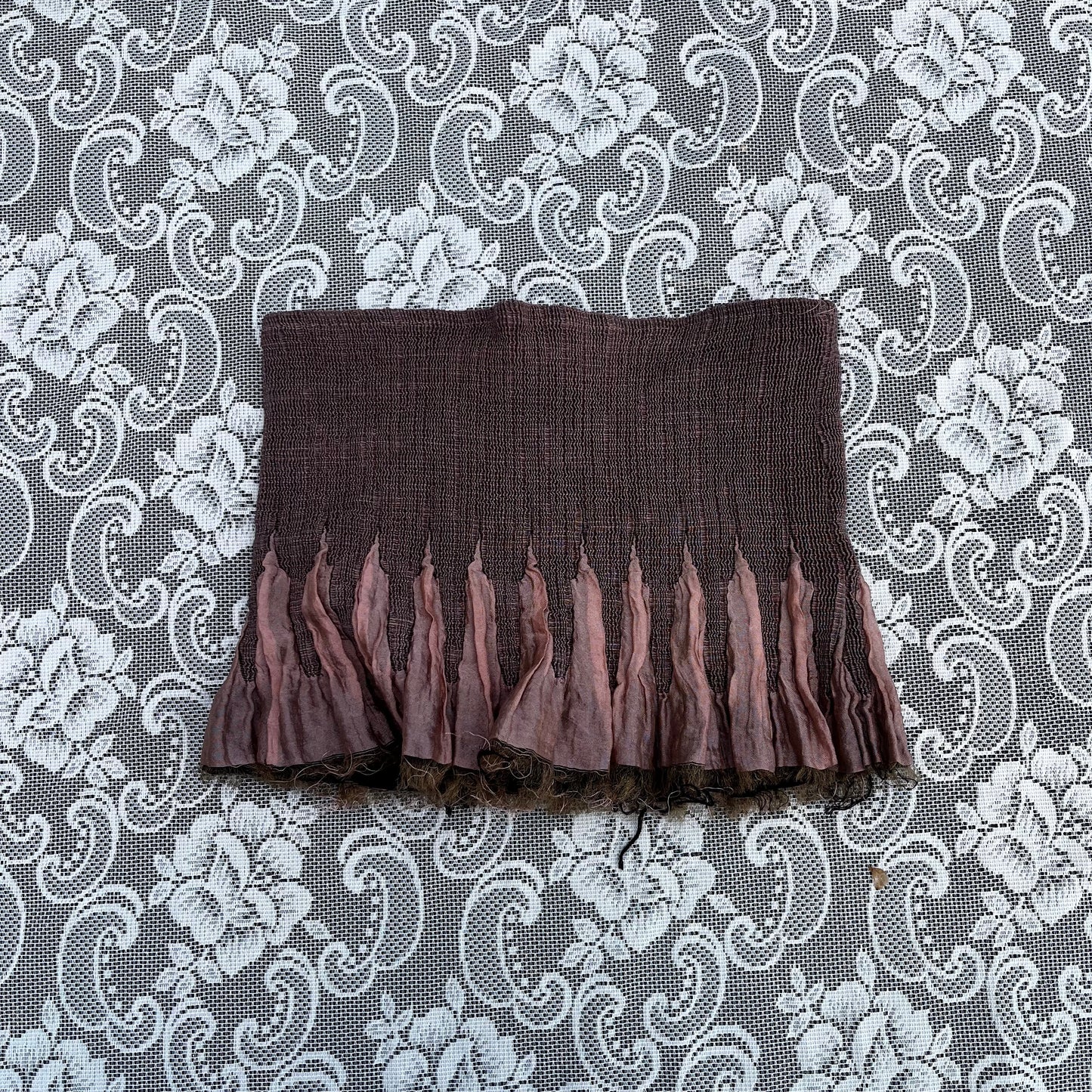 frayed pleated brown tube top