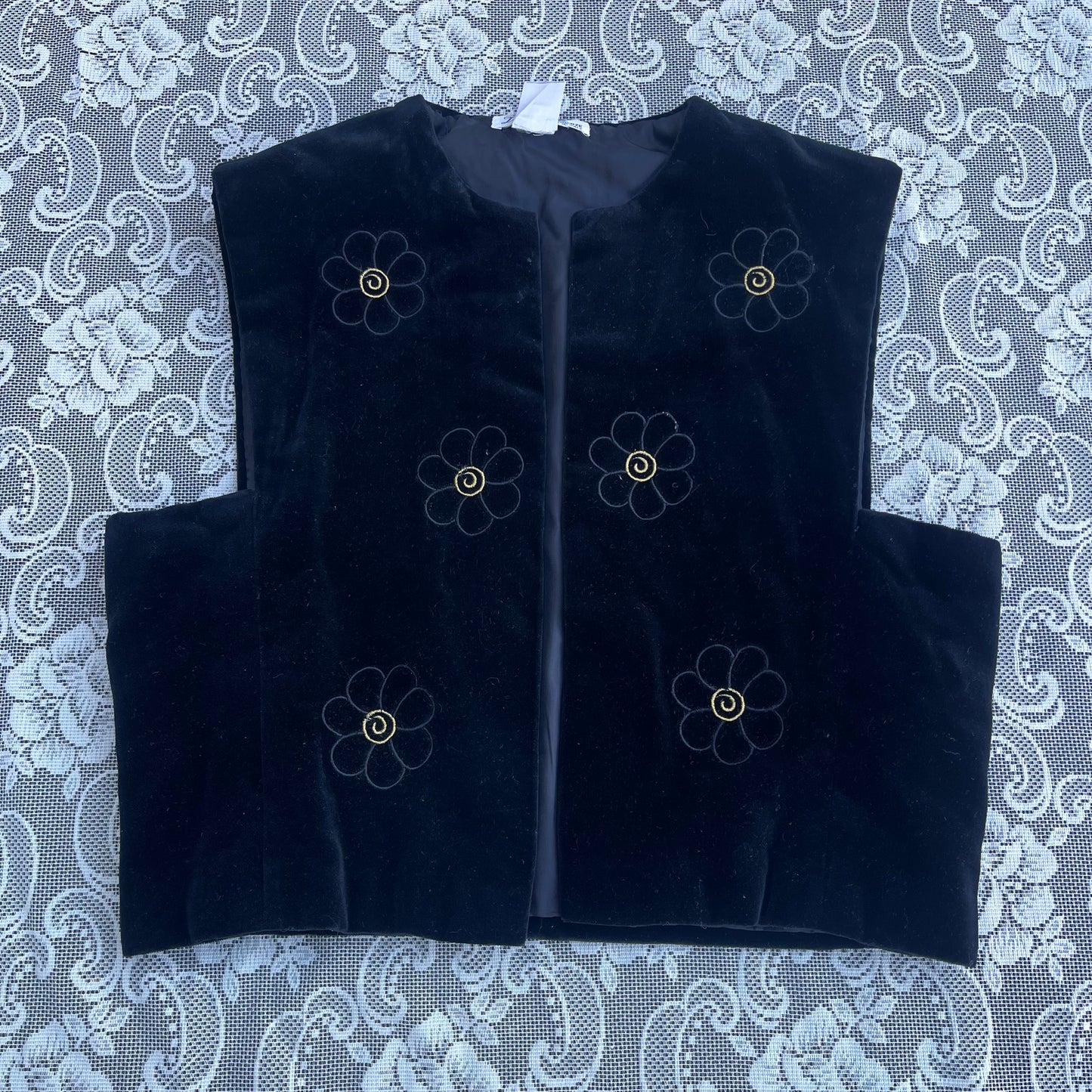 70s black velvet flower vest