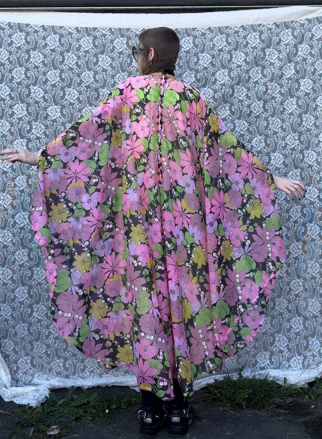 70s union made pink hawaiian floral poncho/robe dress