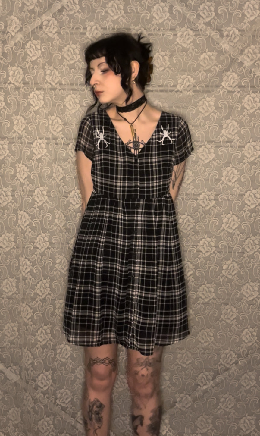 screenprinted spider plaid dress