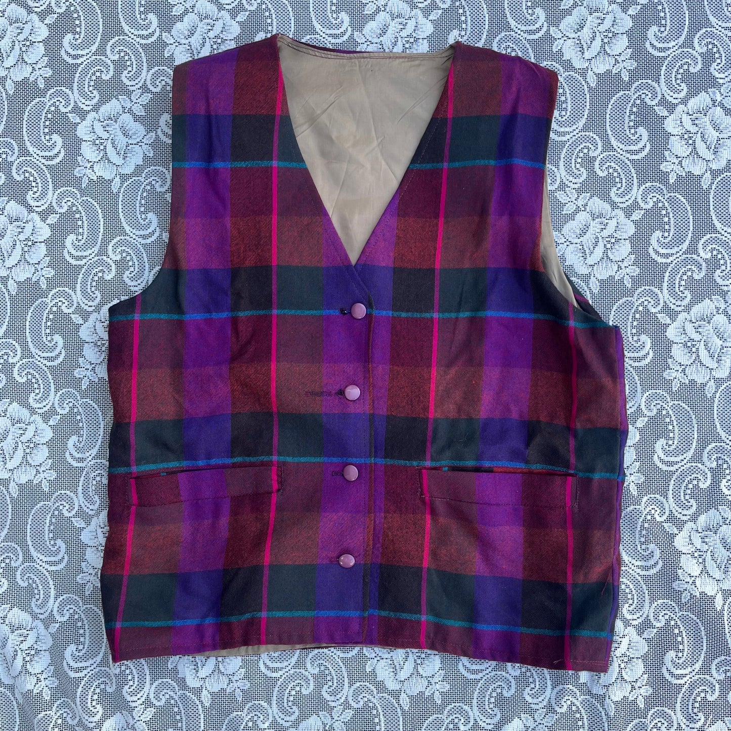 purple n pink n blue plaid vest