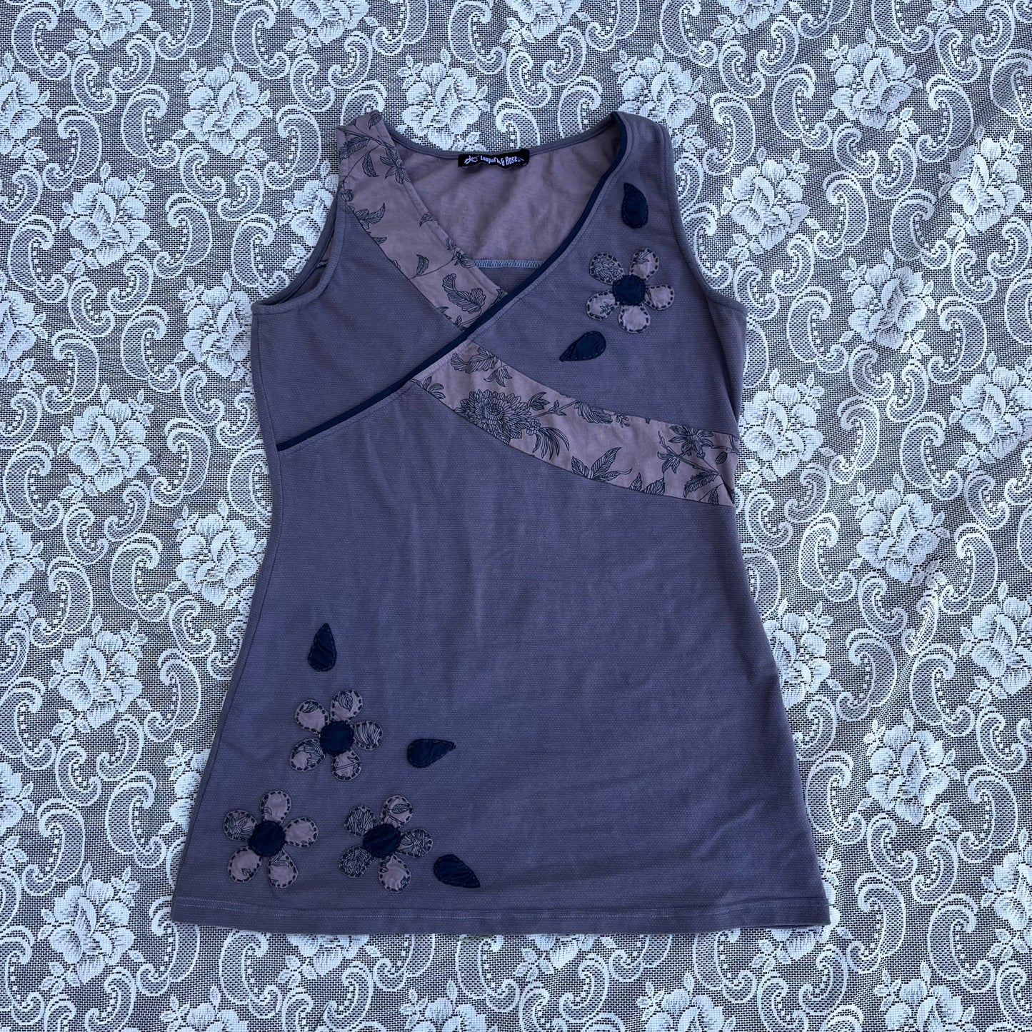 dyed purpleish greyish patchwork flower top